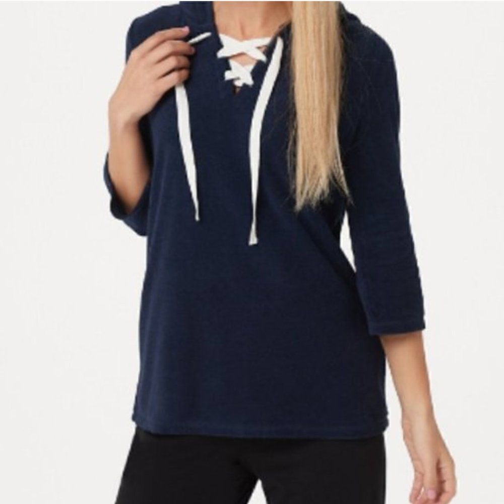 ANYBODY Baby Terry Hoodie with Lace-Up Tie Front